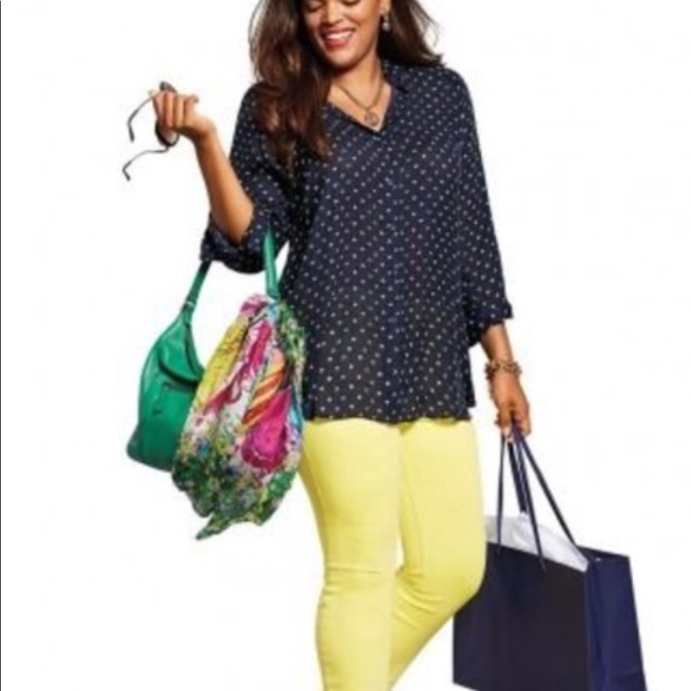CAbi Navy Polka Dot V-Neck Blouse